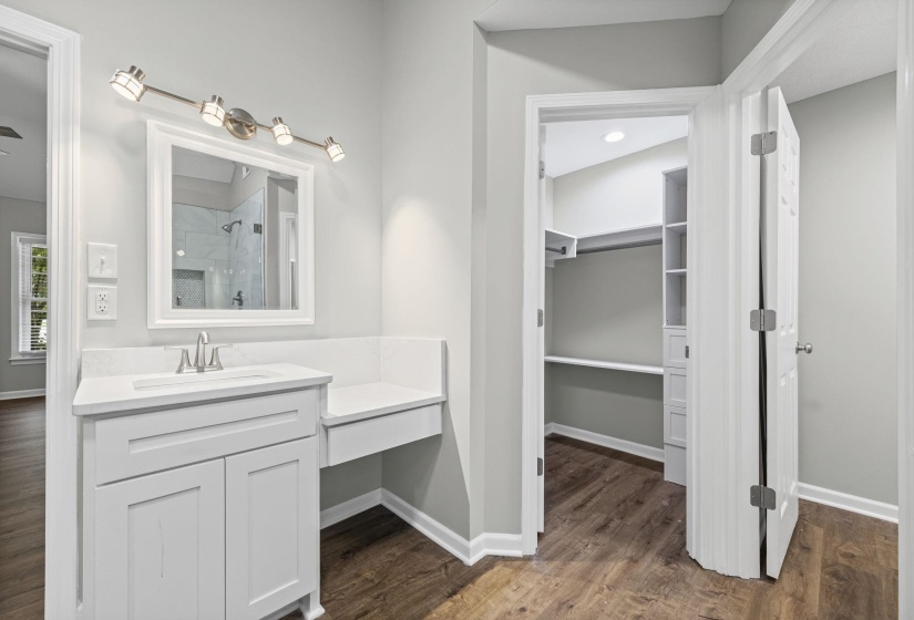 Bathroom with a stall shower, dark wood-style floors, vanity, and a walk in closet