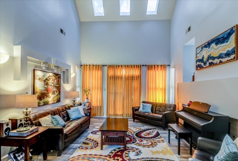 Vaulted ceiling living area featuring wood-finish flooring, three skylights, and floor-to-ceiling window treatments