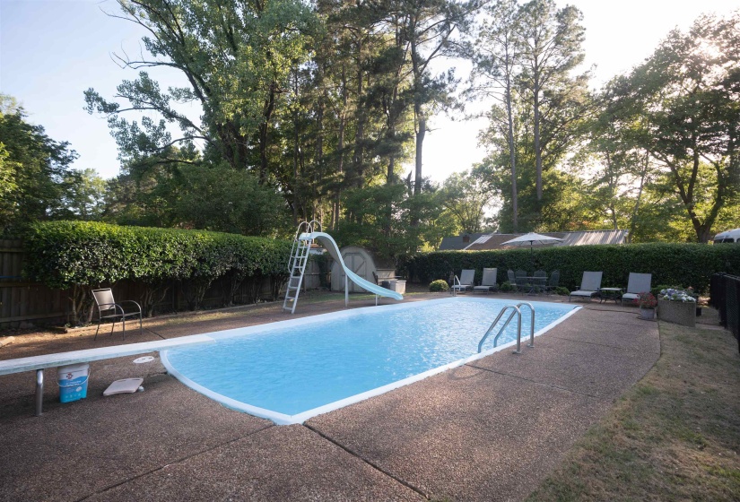 In-ground swimming pool with a diving board and slide, surrounded by a concrete patio