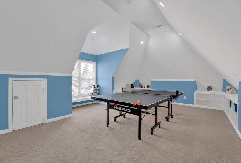 Recreation room with lofted ceiling and carpet flooring