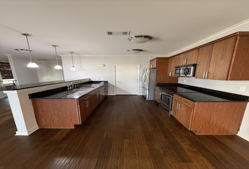 Kitchen featuring a dark wood-style flooring, dishwashing machine, garbage disposal, dark stone countertops, and hanging light fixtures