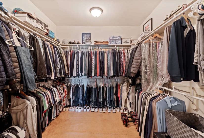 Walk-in closet featuring built-in shelving, multiple hanging rods, overhead lighting, and carpet flooring