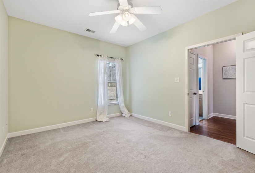 Carpeted room featuring a ceiling fan, a window with white drapes, and light green wall paint