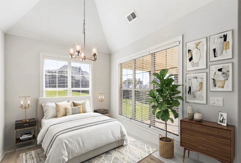 Vaulted ceiling bedroom featuring wood-finish flooring, multiple windows with blinds, and a contemporary chandelier