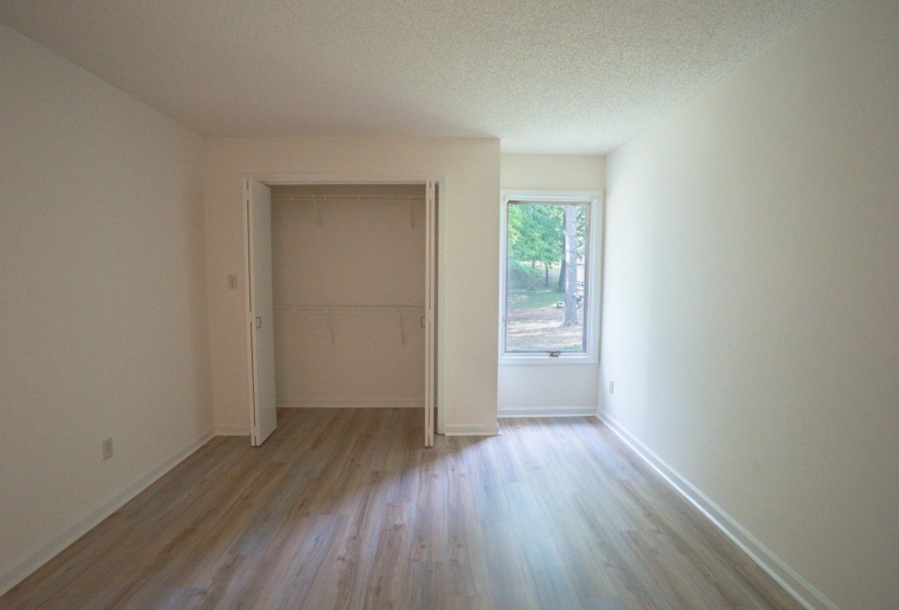 Room with wood-finish flooring, neutral wall paint, and a textured ceiling