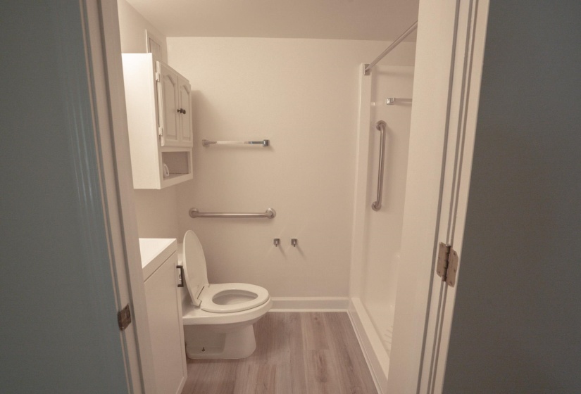 Bathroom featuring a walk-in shower with grab bars, wood-finish flooring, a white vanity with integrated sink, and an overhead storage cabinet