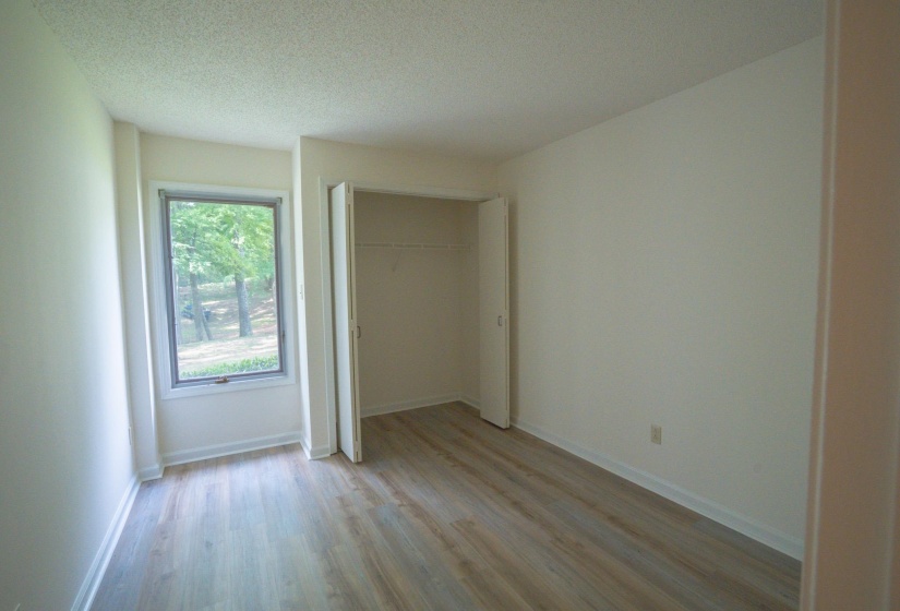 Bright room featuring wood-finish flooring, a window offering exterior scenery, and a built-in closet with bifold doors