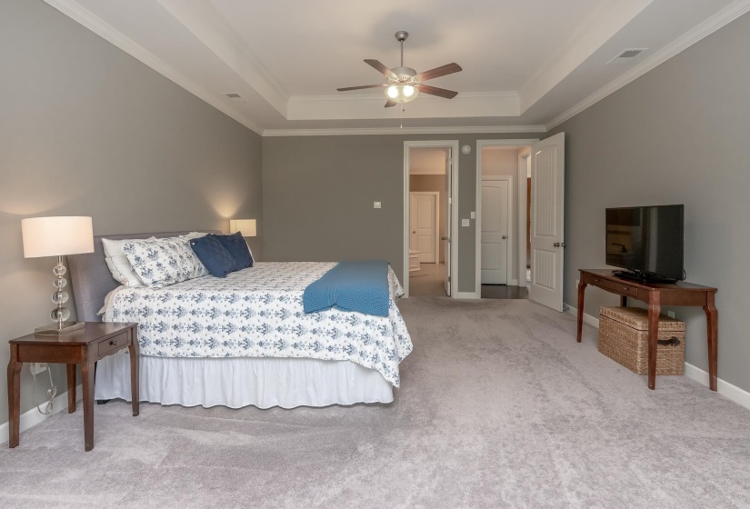 Spacious room featuring tray ceilings with crown molding, light gray wall tones, and plush carpet flooring