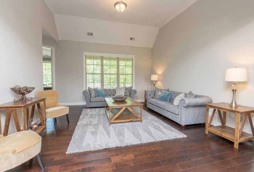 Spacious living area featuring rich wood-finish flooring and a vaulted ceiling