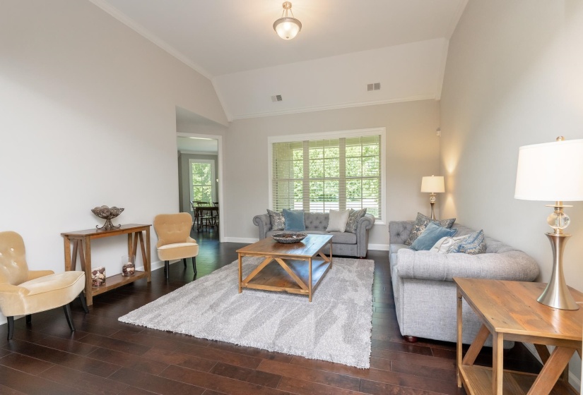 Spacious living area featuring wood-finish flooring, vaulted ceilings, and crown molding