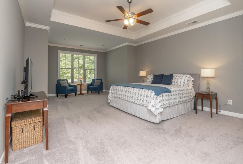 Spacious room with tray ceiling, neutral wall color, and light-toned carpeting