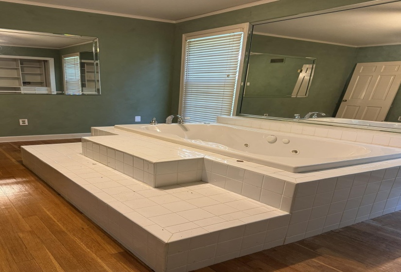 Jetted soaking tub with a tiled surround and stepped access, set against a backdrop of green walls and a large, wall-mounted mirror