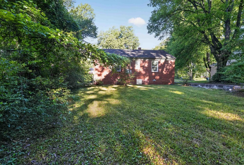 Expansive grassy yard with mature trees and a partial brick exterior