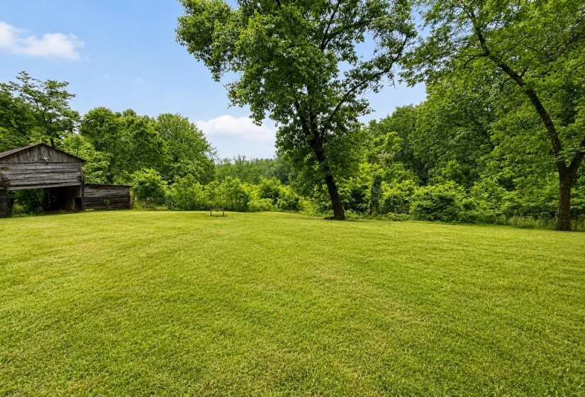 Expansive green lawn surrounded by mature trees, featuring a rustic wooden outbuilding