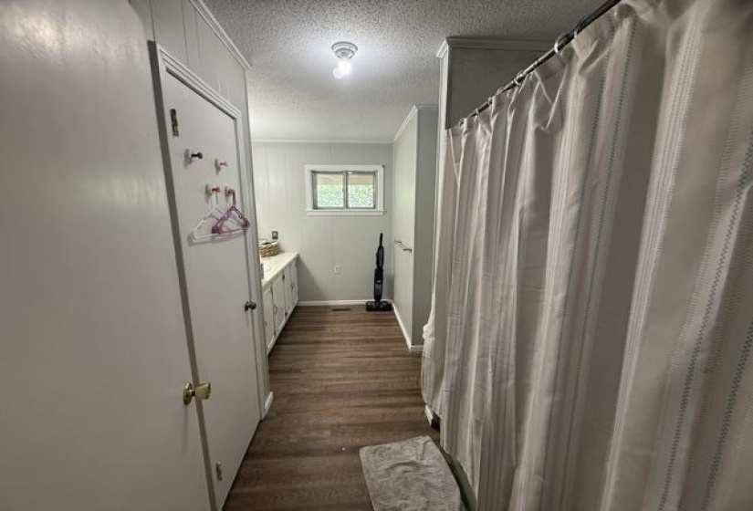 Interior space featuring wood-finish flooring, a white paneled door, and a shower area with a ceiling-mounted light fixture