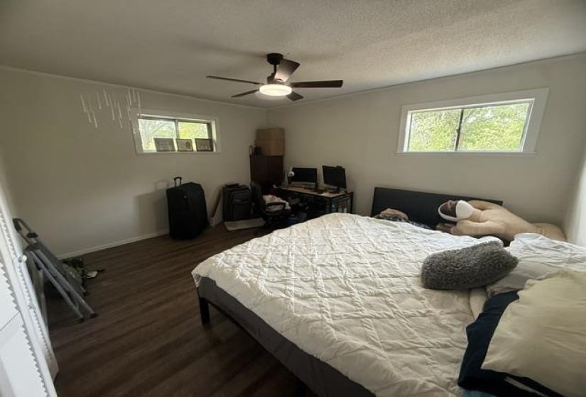 Bedroom featuring wood-finish flooring, two window openings, and a ceiling fan with integrated lighting
