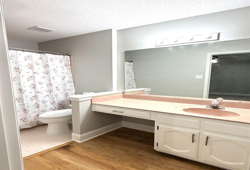 Bathroom featuring a vanity with an integrated sink, broad wall mirror, and wood-finish flooring