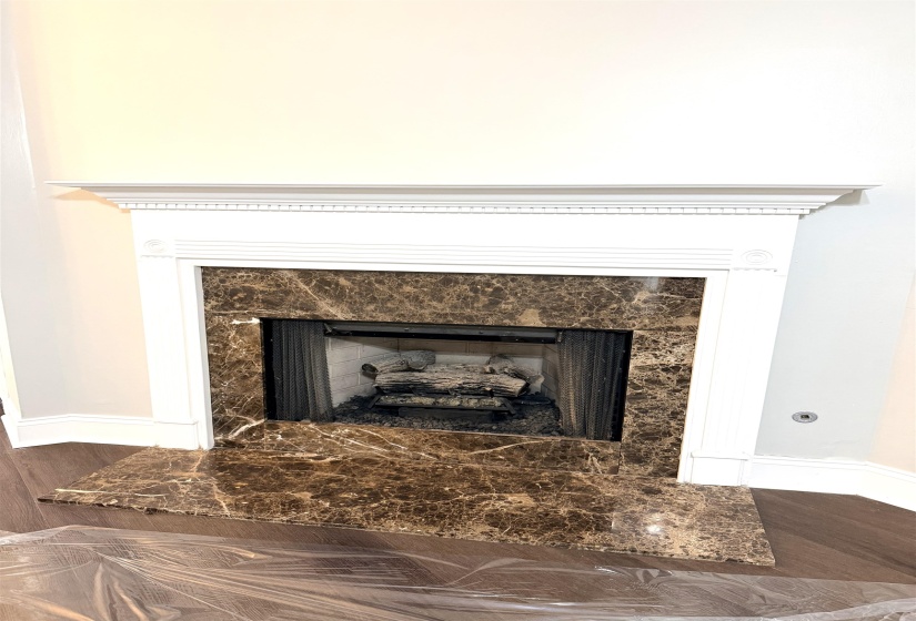 Fireplace featuring a white mantel, decorative molding, and a brown veined stone surround with a matching hearth