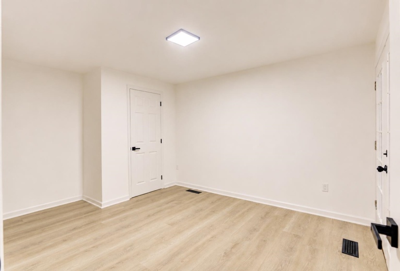 Bright interior room featuring light wood-finish flooring, white walls, and a modern ceiling light fixture