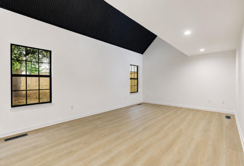 Spacious room with light wood-finish flooring, white walls, and a striking black vaulted ceiling