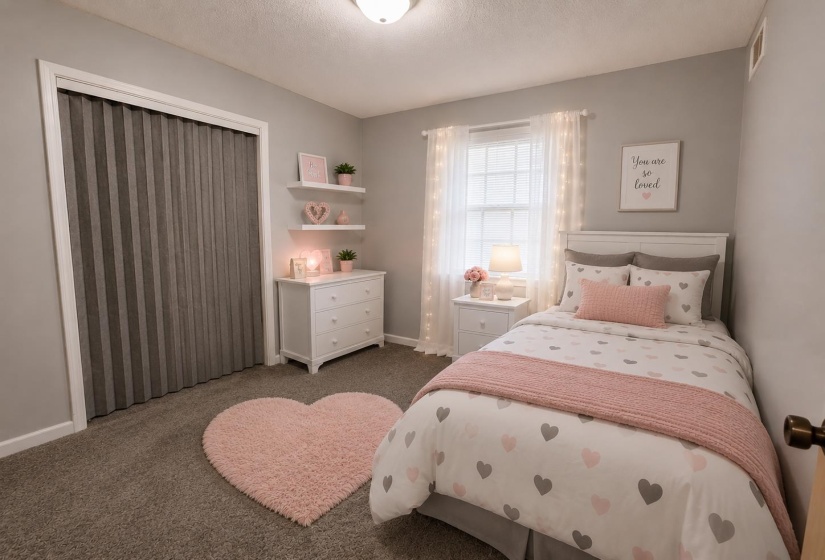 Carpeted room featuring a white-framed window with blinds, a white headboard, and a closet with a pleated door