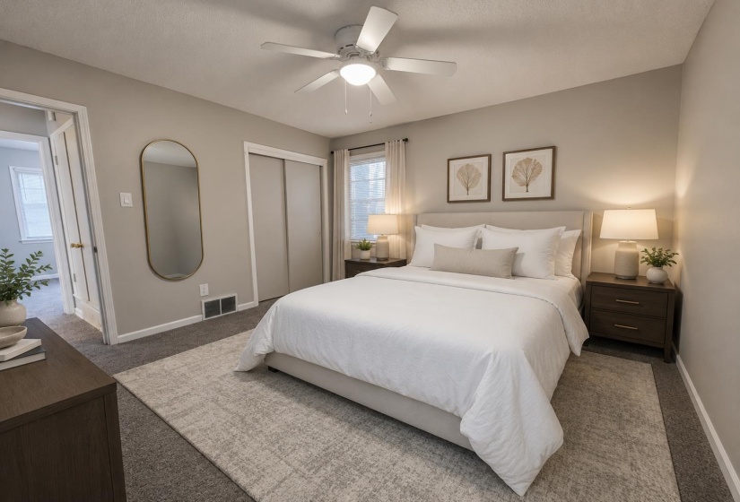 Gray wall-to-wall carpeting throughout