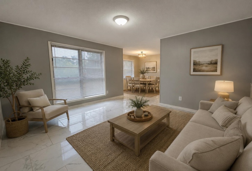 Living area featuring large format white tile flooring and a neutral color palette