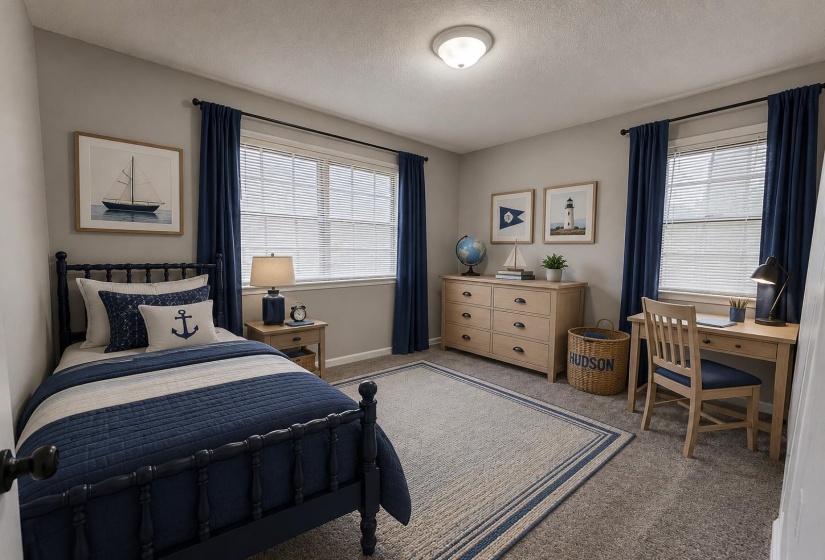 Carpeted bedroom with a built-in ceiling light fixture, two windows featuring horizontal blinds and dark curtains, and light gray wall paint