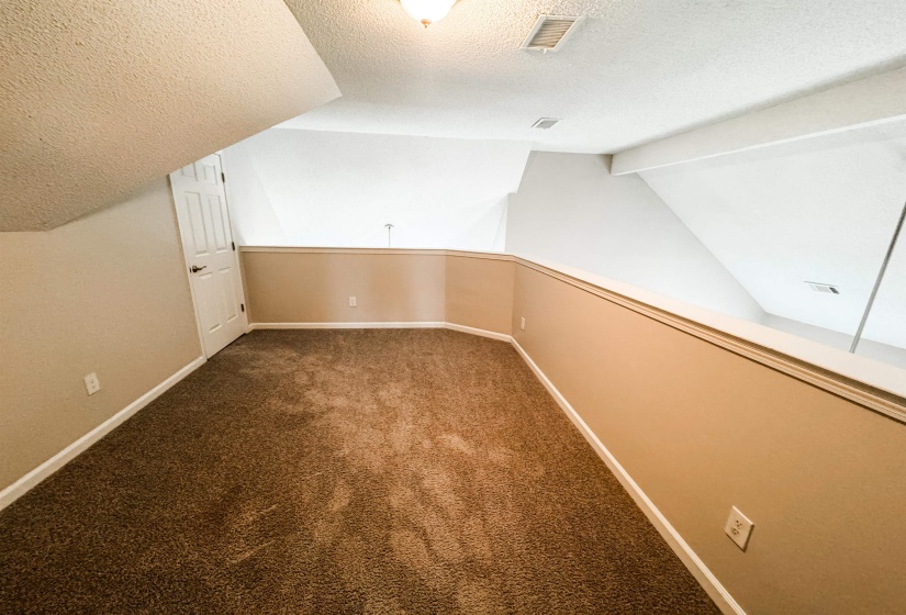 Bonus room with a textured ceiling, lofted ceiling, and carpet floors