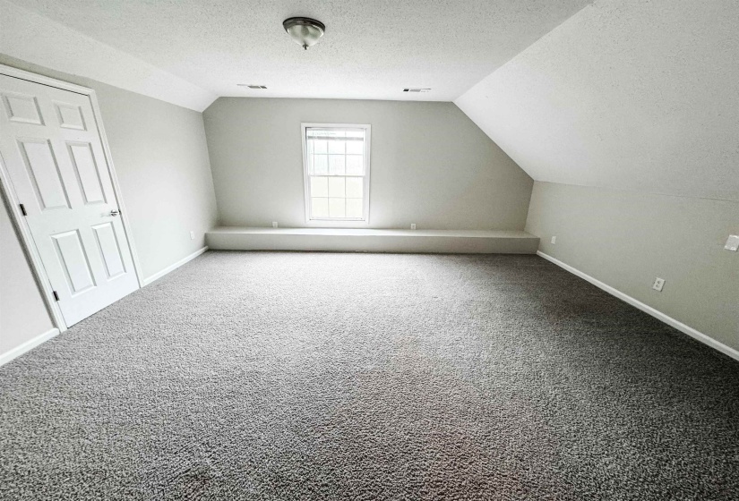 Bonus room featuring a textured ceiling, carpet, and lofted ceiling