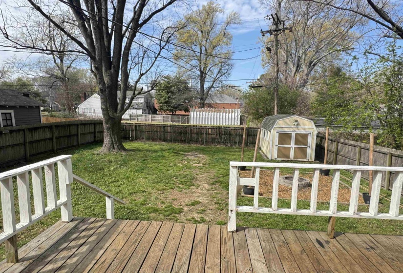 Fenced backyard featuring a deck and a storage unit