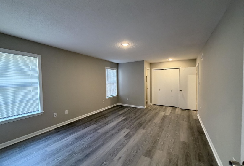 Spacious room featuring gray wood-finish flooring, neutral gray wall paint, and white trim