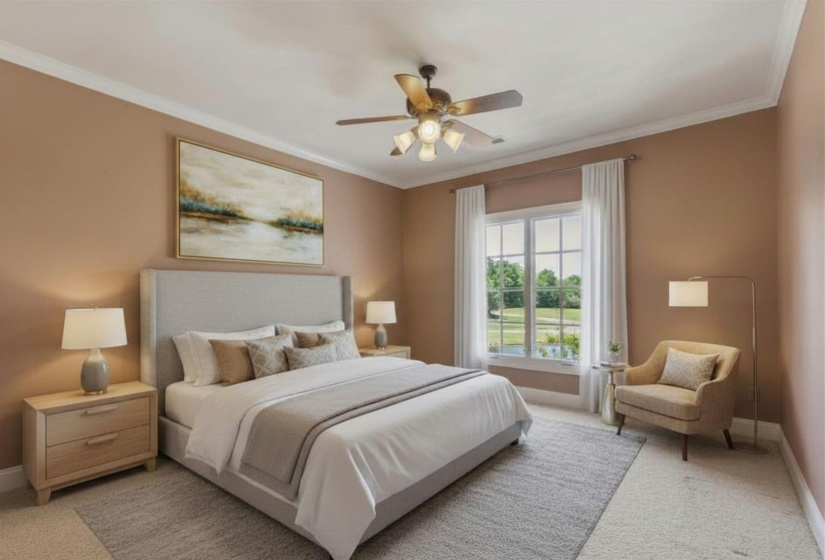 Spacious upstairs suite featuring soft neutral tones,   abundant natural light, and a comfortable layout.   Includes a private bath, offering another perfect retreat for guests or family. Virtually staged photo.