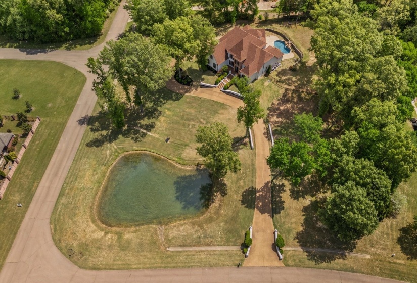 Aerial View showcasing expansive, private grounds with mature trees, circular drive, in-ground pool, and scenic pond—set on a beautifully landscaped lot.