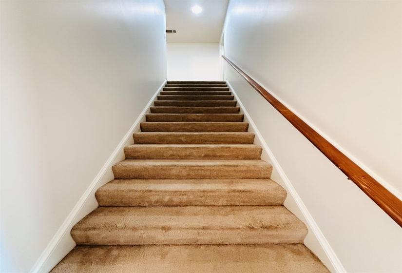 Staircase featuring neutral-toned carpeted treads, white risers, and a warm wood handrail