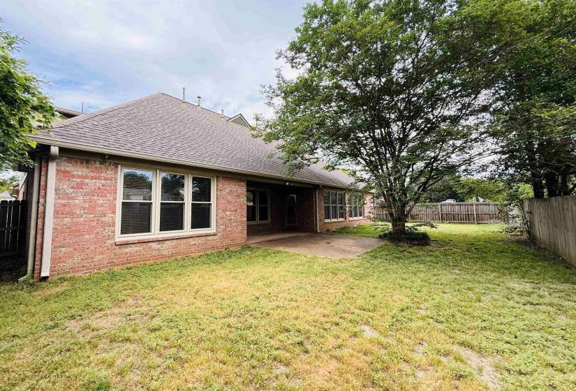 Rear exterior featuring a brick facade, multiple large windows, a covered patio, and a mature tree