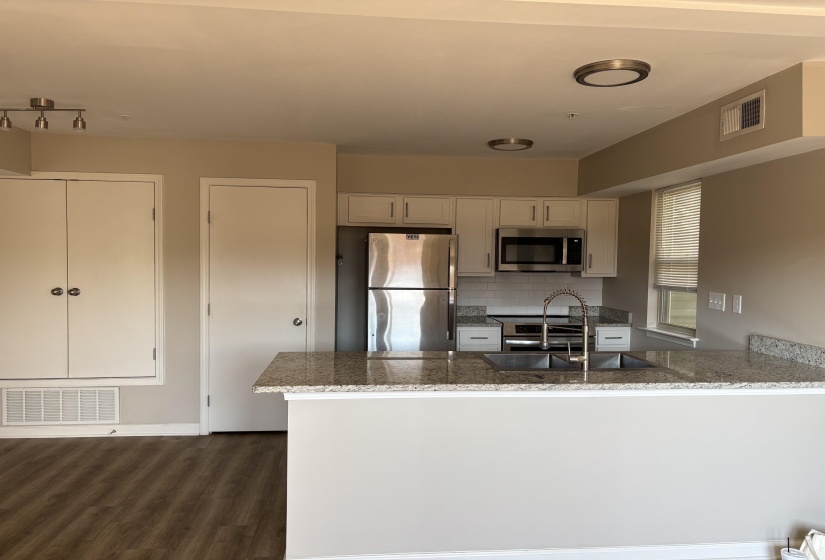Stainless steel appliances, the pantry and the utility closet with the HVAC and hot water heater... and a good view of the 9' granite counter top and the smooth ceilings!