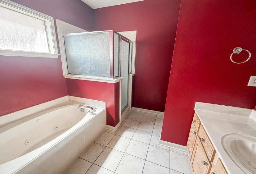 Bathroom featuring a jetted bathtub, separate shower enclosure with frosted glass, single vanity with integrated sink, and white square tile flooring