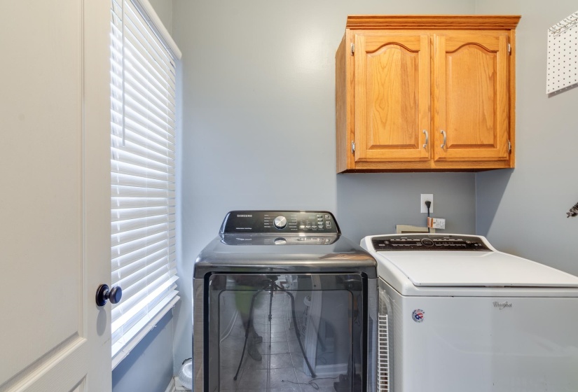 Functional laundry area featuring light gray walls, a window with horizontal blinds, and natural wood cabinetry with curved panel doors