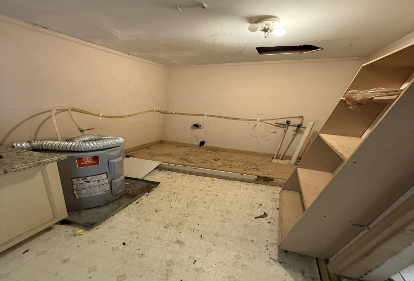 Utility room featuring a water heater, built-in shelving, and existing plumbing rough-ins
