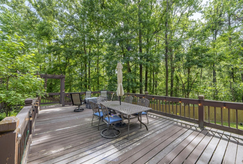 Spacious outdoor deck featuring wood flooring and railings, surrounded by mature trees