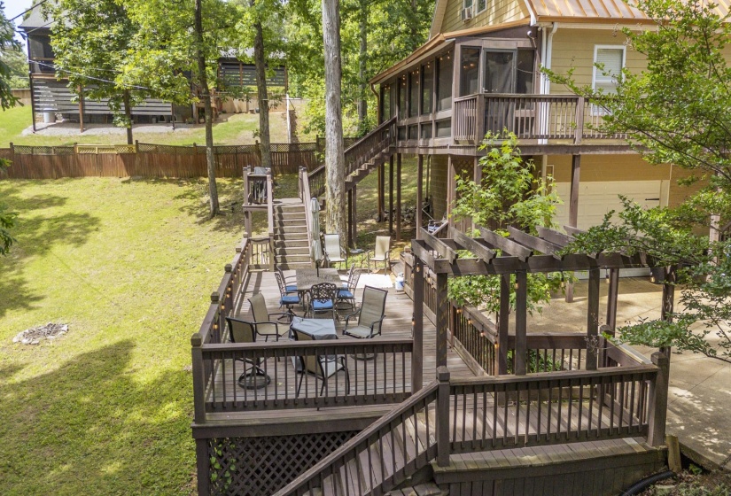 Multi-level wood decking with an integrated pergola