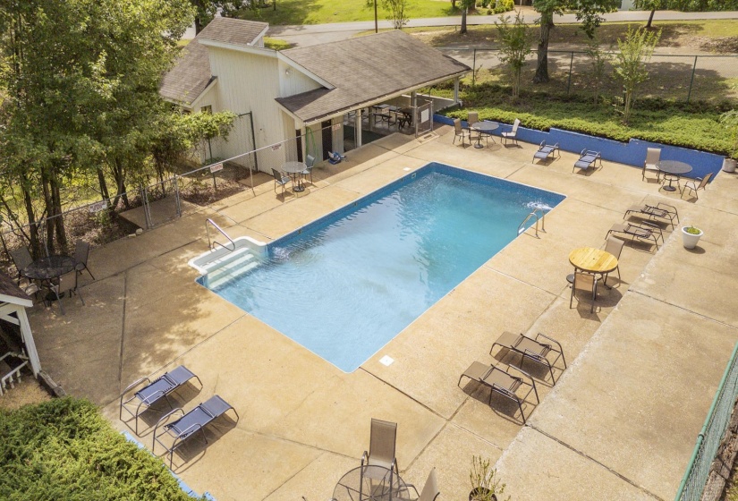 Outdoor swimming pool with integrated steps, surrounded by an expansive concrete patio