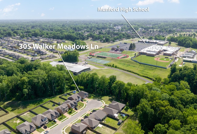 Aerial perspective showcasing residential development surrounded by mature trees