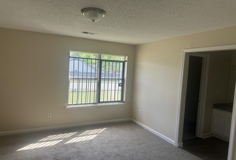 Carpeted interior space with a window featuring exterior security bars