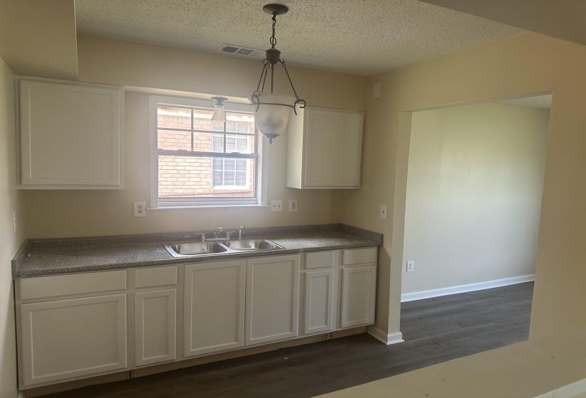 Kitchen featuring white cabinetry, gray flecked countertops, a double basin stainless steel sink, and wood-finish flooring