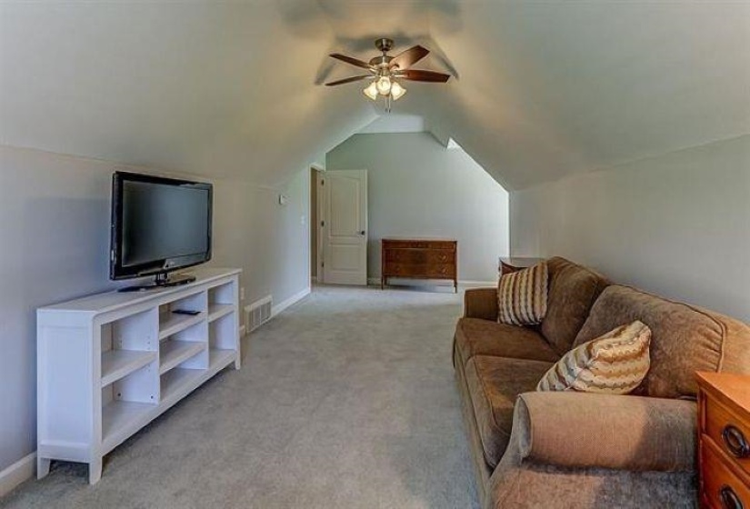 Living area with visible vents, ceiling fan, light carpet, and baseboards