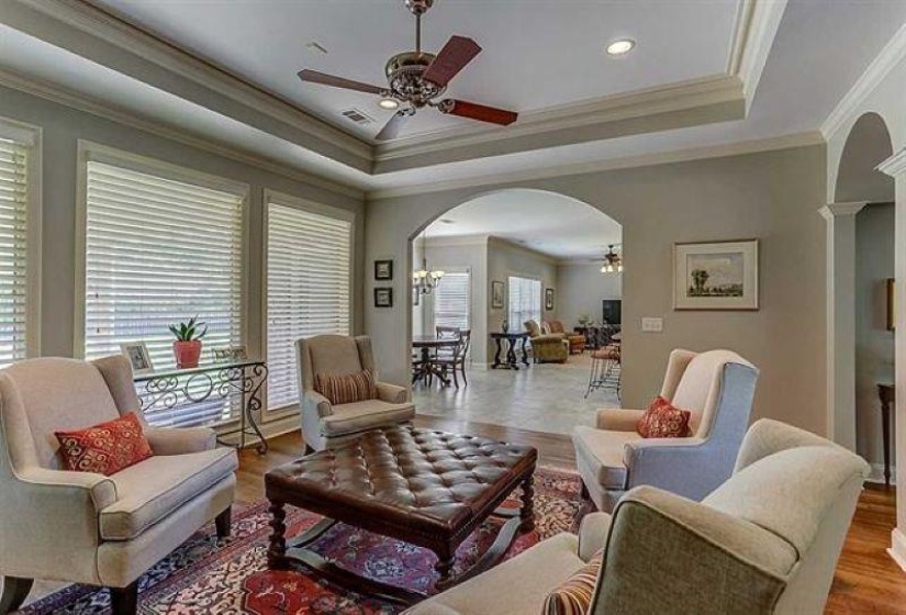 Living area featuring crown molding, ceiling fan with notable chandelier, a tray ceiling, arched walkways, and wood finished floors