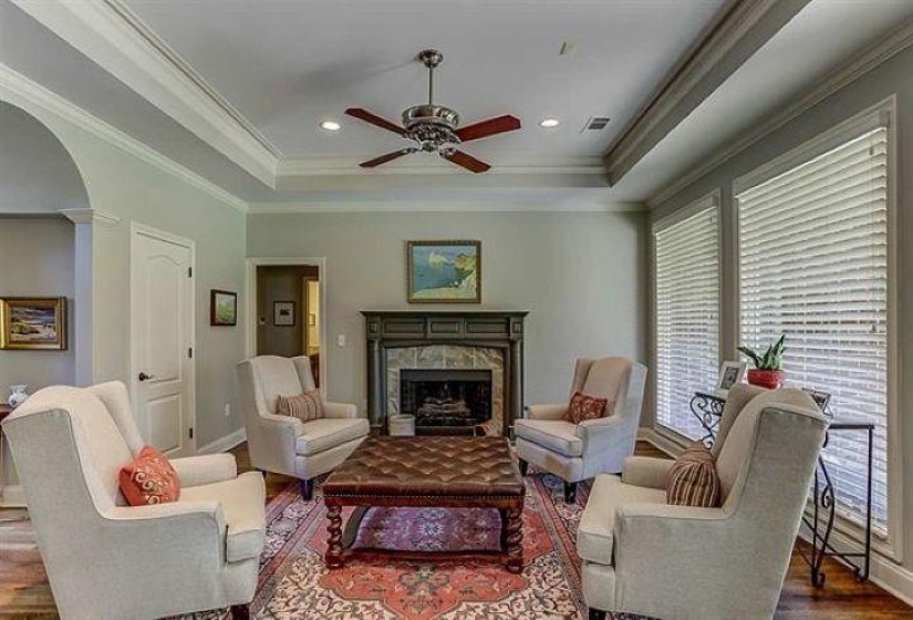 Living room featuring arched walkways, a ceiling fan, wood finished floors, a raised ceiling, and a high end fireplace