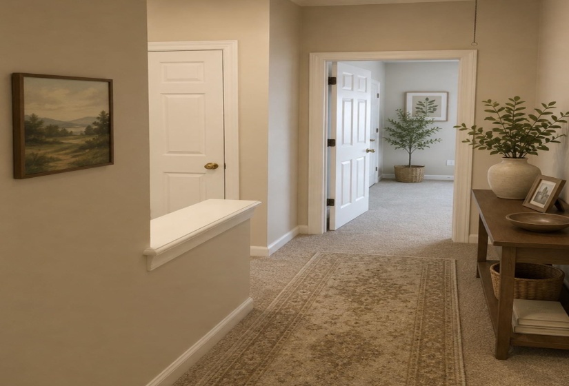 Carpeted hallway featuring a decorative runner, light neutral wall paint, white trim, and interior doors with brushed brass hardware